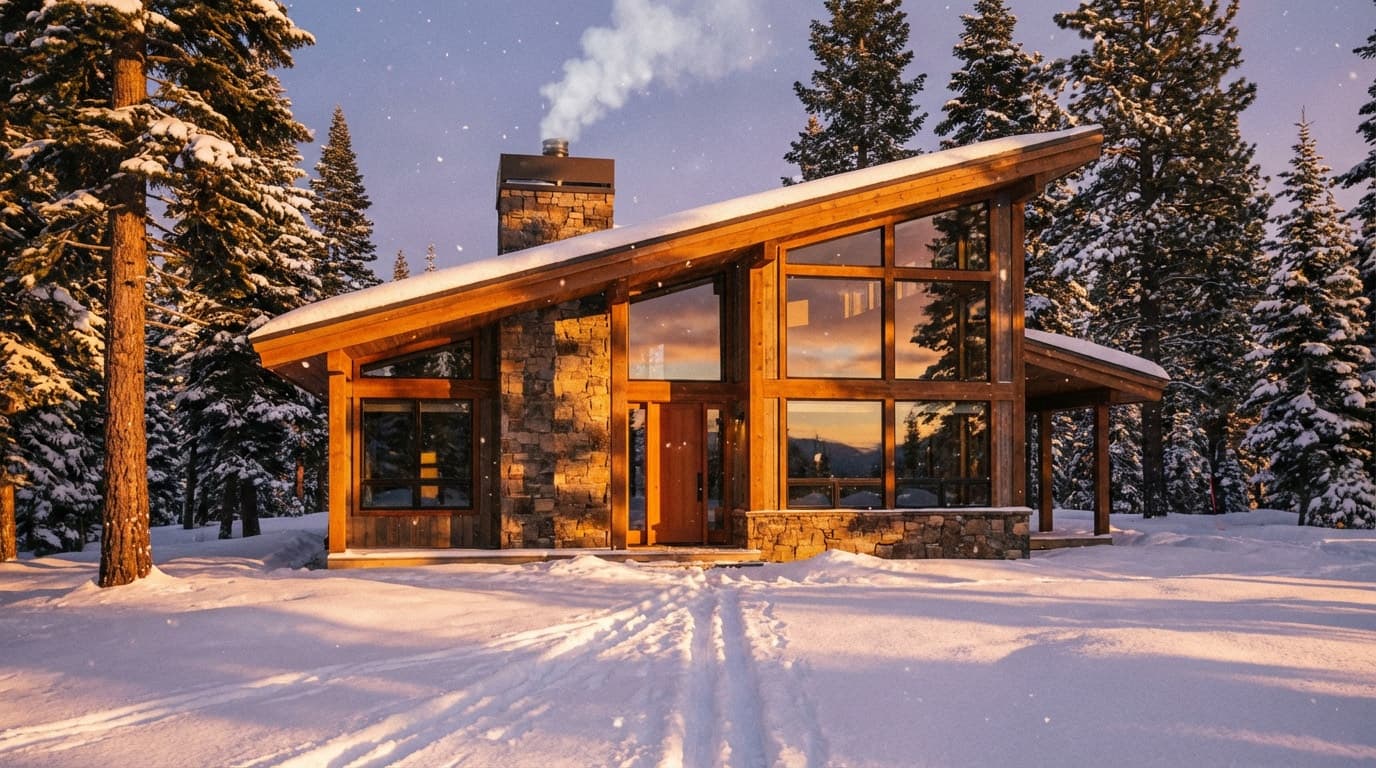 Cozy ski cabin in winter
